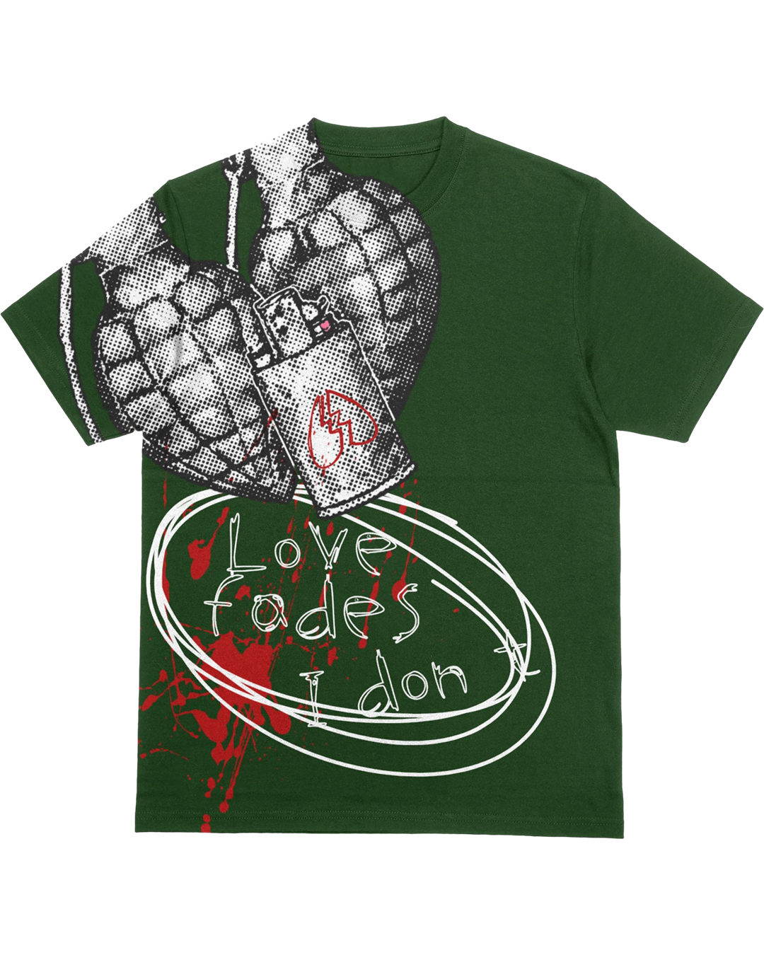 Love Fades I Don't T-Shirt – Edgy Heart Grenade Graphic Tee – Dark Romance Streetwear Shirt for Men & Women