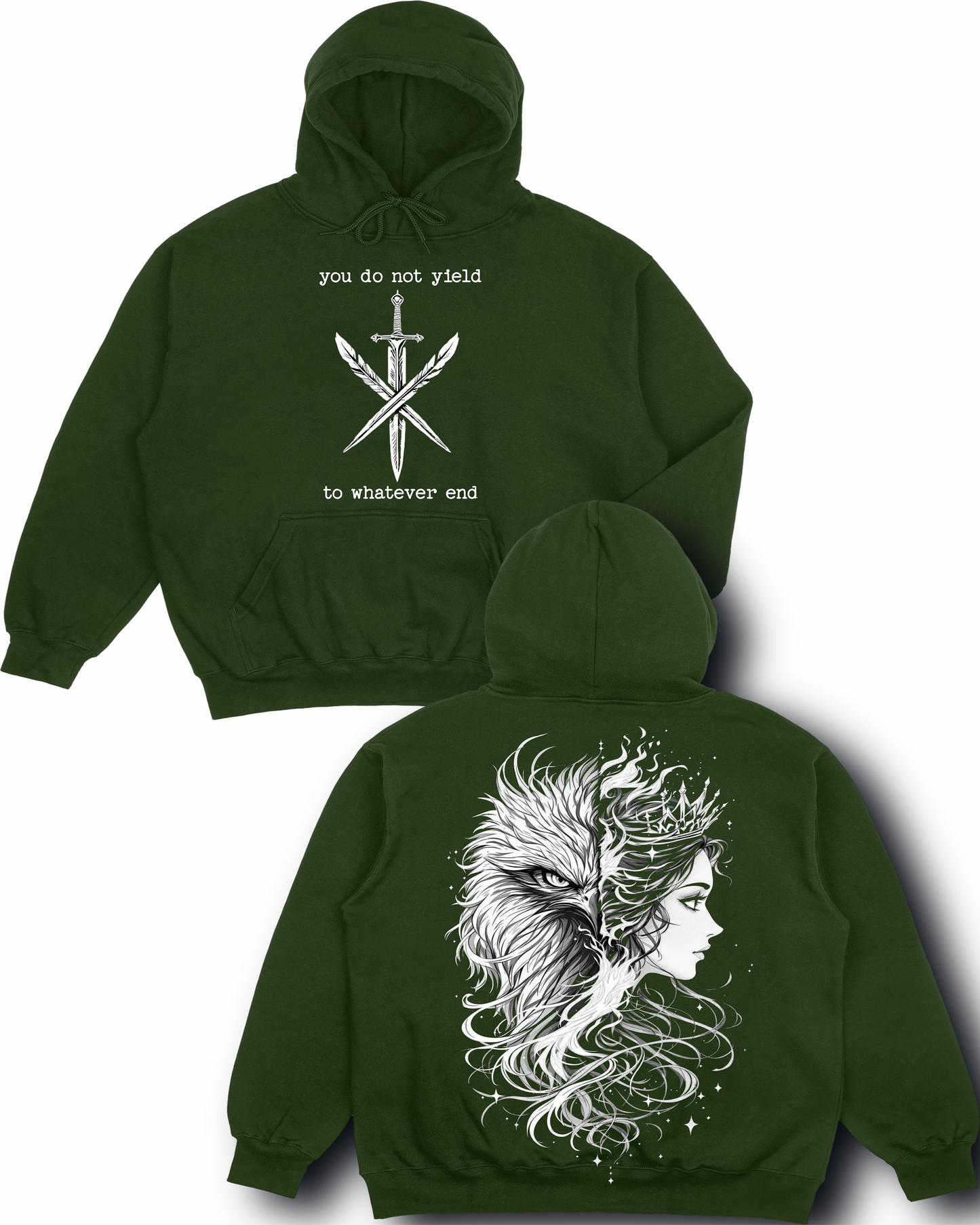 Rowan & Aelin Bond Quote Shirt – Throne of Glass Inspired Tee – ‘You Do Not Yield, To Whatever End’ – Hawk & Fire Half-Face Design