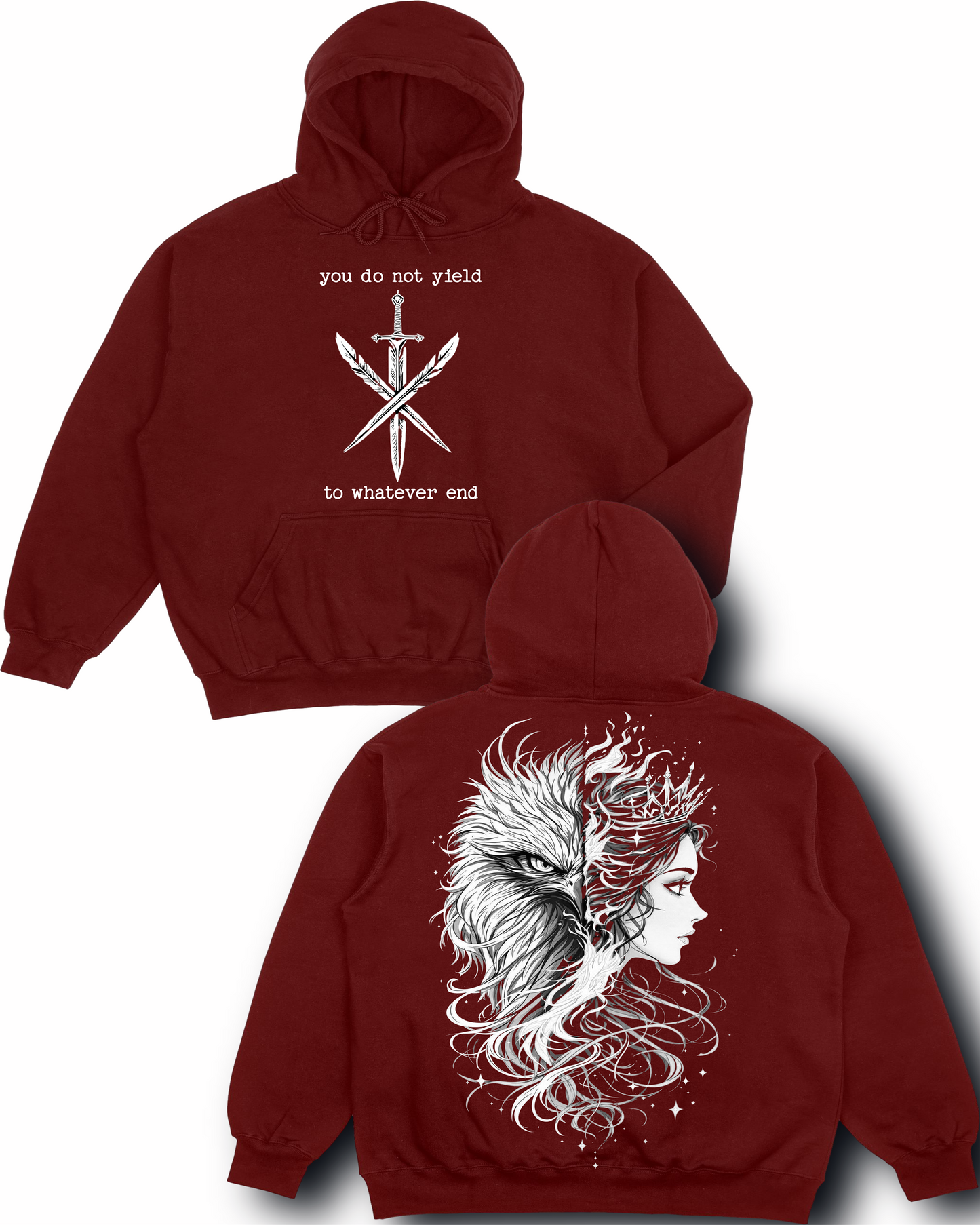 Rowan & Aelin Bond Quote Shirt – Throne of Glass Inspired Tee – ‘You Do Not Yield, To Whatever End’ – Hawk & Fire Half-Face Design
