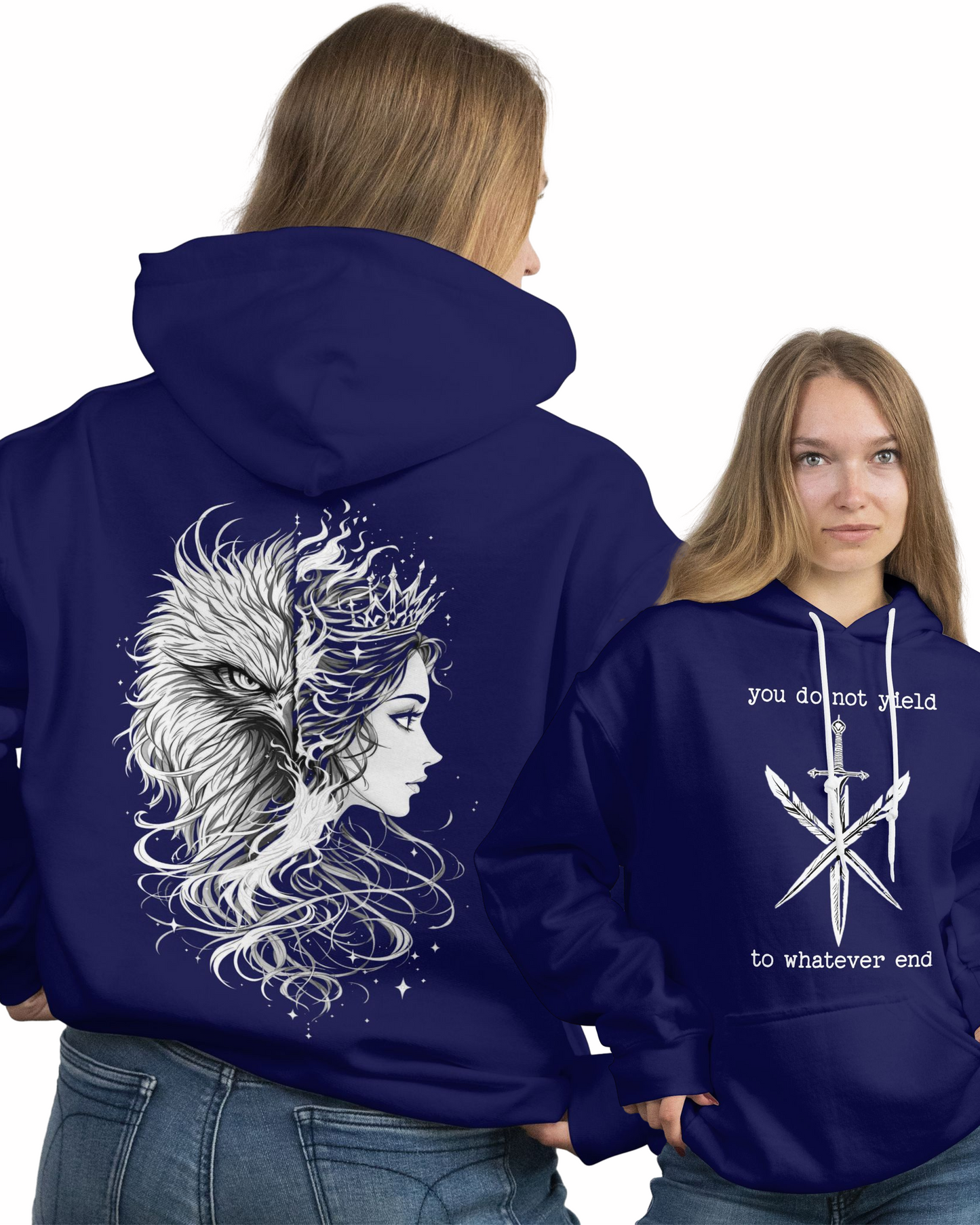 Rowan & Aelin Bond Quote Shirt – Throne of Glass Inspired Tee – ‘You Do Not Yield, To Whatever End’ – Hawk & Fire Half-Face Design