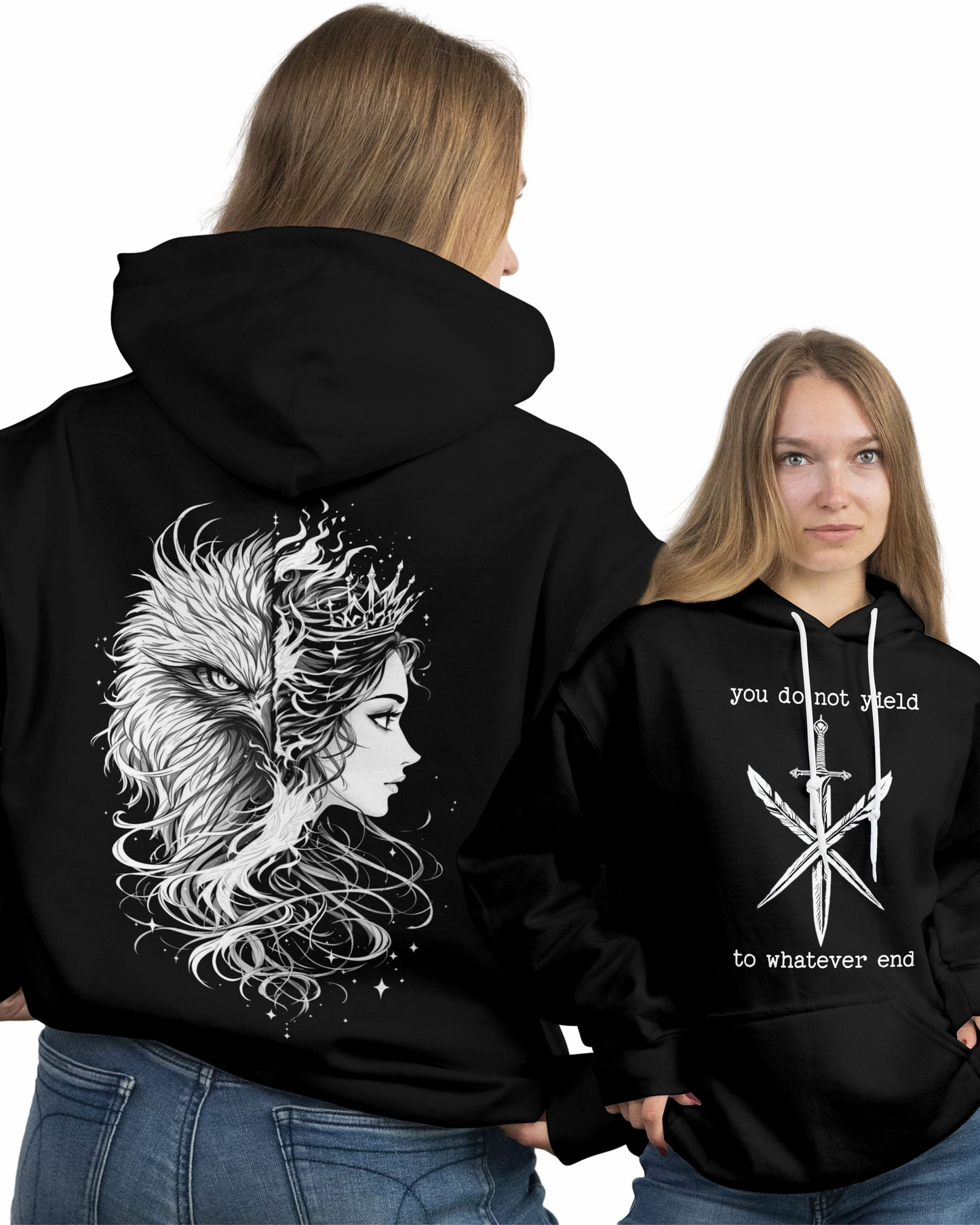 Rowan & Aelin Bond Quote Shirt – Throne of Glass Inspired Tee – ‘You Do Not Yield, To Whatever End’ – Hawk & Fire Half-Face Design