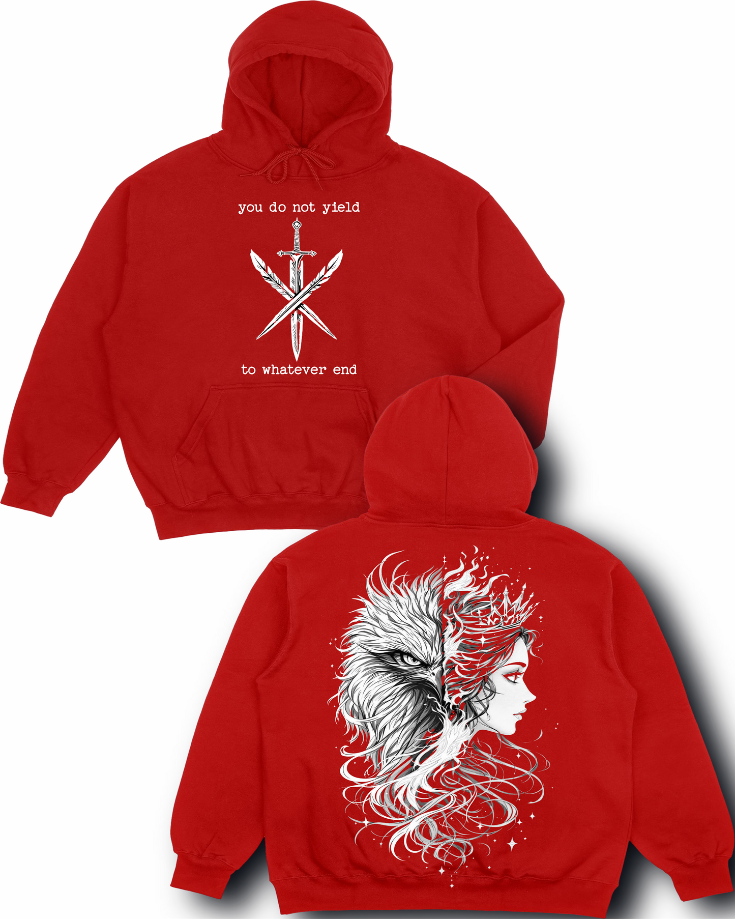 Rowan & Aelin Bond Quote Shirt – Throne of Glass Inspired Tee – ‘You Do Not Yield, To Whatever End’ – Hawk & Fire Half-Face Design