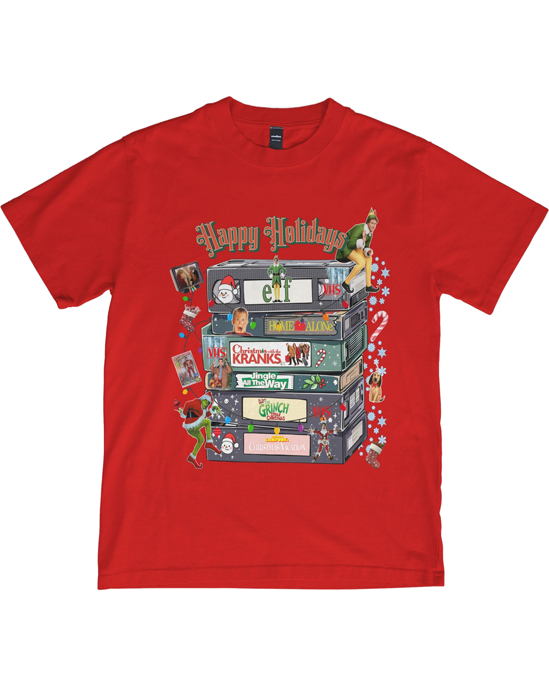 Retro Christmas Shirt | Happy Holidays VHS Tape Stack | Classic Movie Tee | Christmas Decor Shirt | Vintage Film Lover Gift