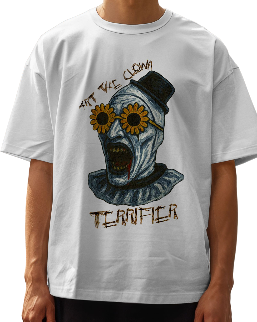 Art the Clown T-Shirt – Creepy Cool Clown Head with Daisy Flower Glasses