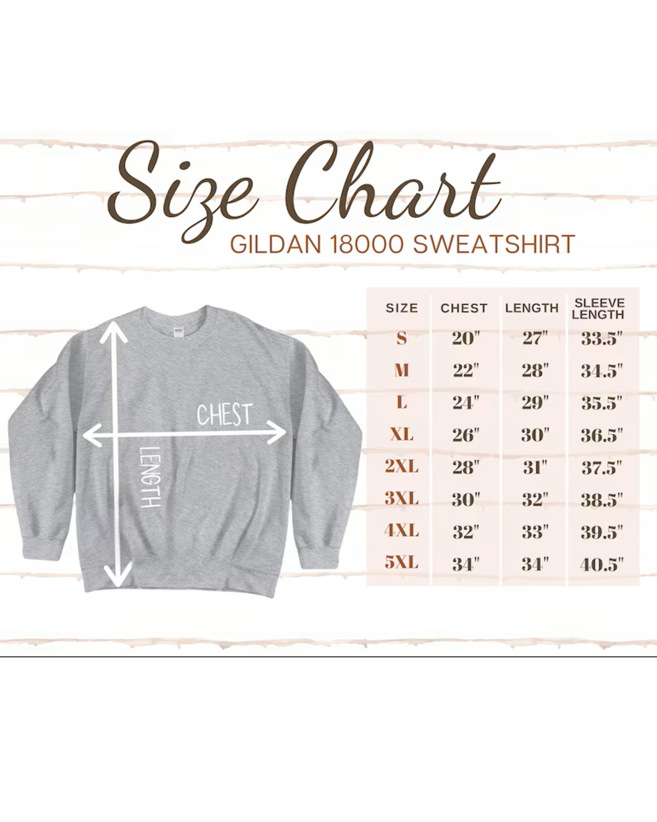 Size chart for Gildan 18000 sweatshirt with a gray sweatshirt illustration on a white background.