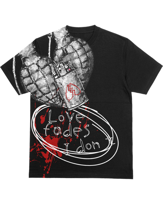 Love Fades I Don't T-Shirt – Edgy Heart Grenade Graphic Tee – Dark Romance Streetwear Shirt for Men & Women
