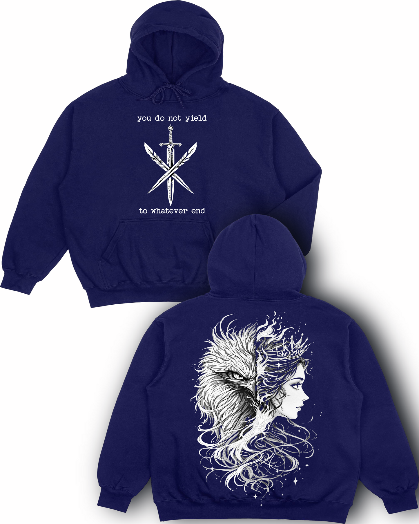Rowan & Aelin Bond Quote Shirt – Throne of Glass Inspired Tee – ‘You Do Not Yield, To Whatever End’ – Hawk & Fire Half-Face Design