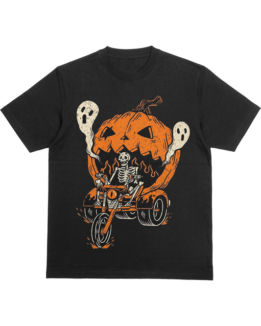 Skeleton Pumpkin Motorcycle T-Shirt – Halloween Ghost Rider Shirt