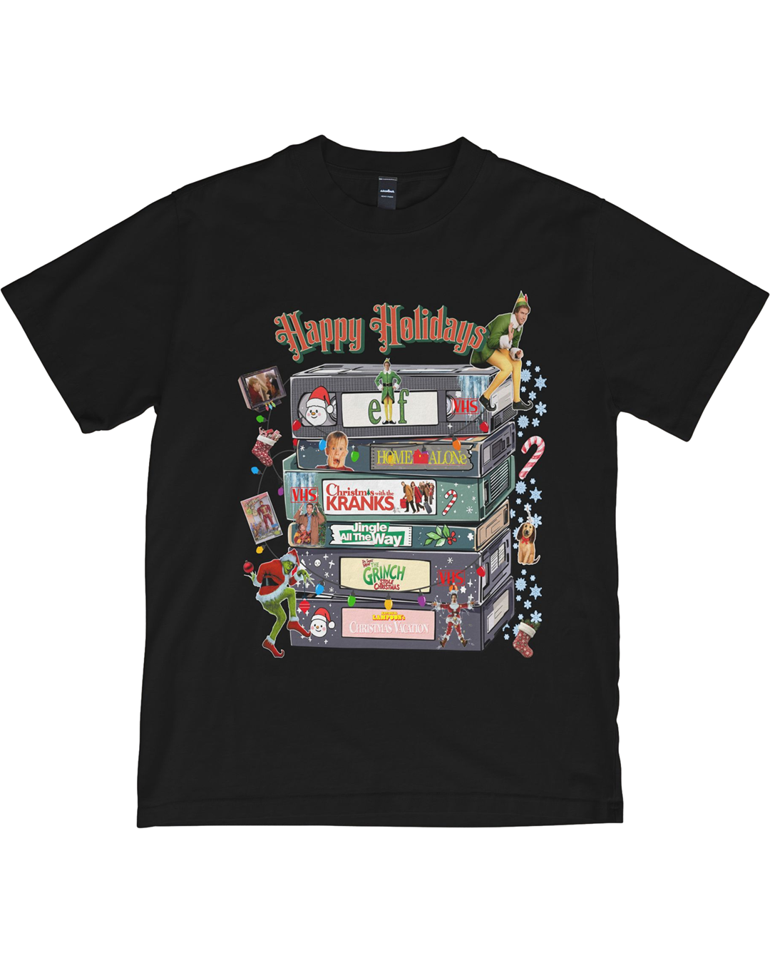 Retro Christmas Shirt | Happy Holidays VHS Tape Stack | Classic Movie Tee | Christmas Decor Shirt | Vintage Film Lover Gift