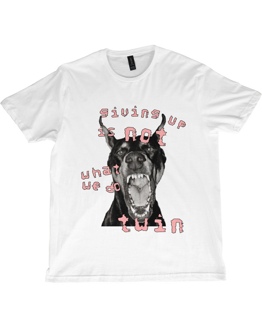 White t-shirt with a graphic of a dog and text on a white background