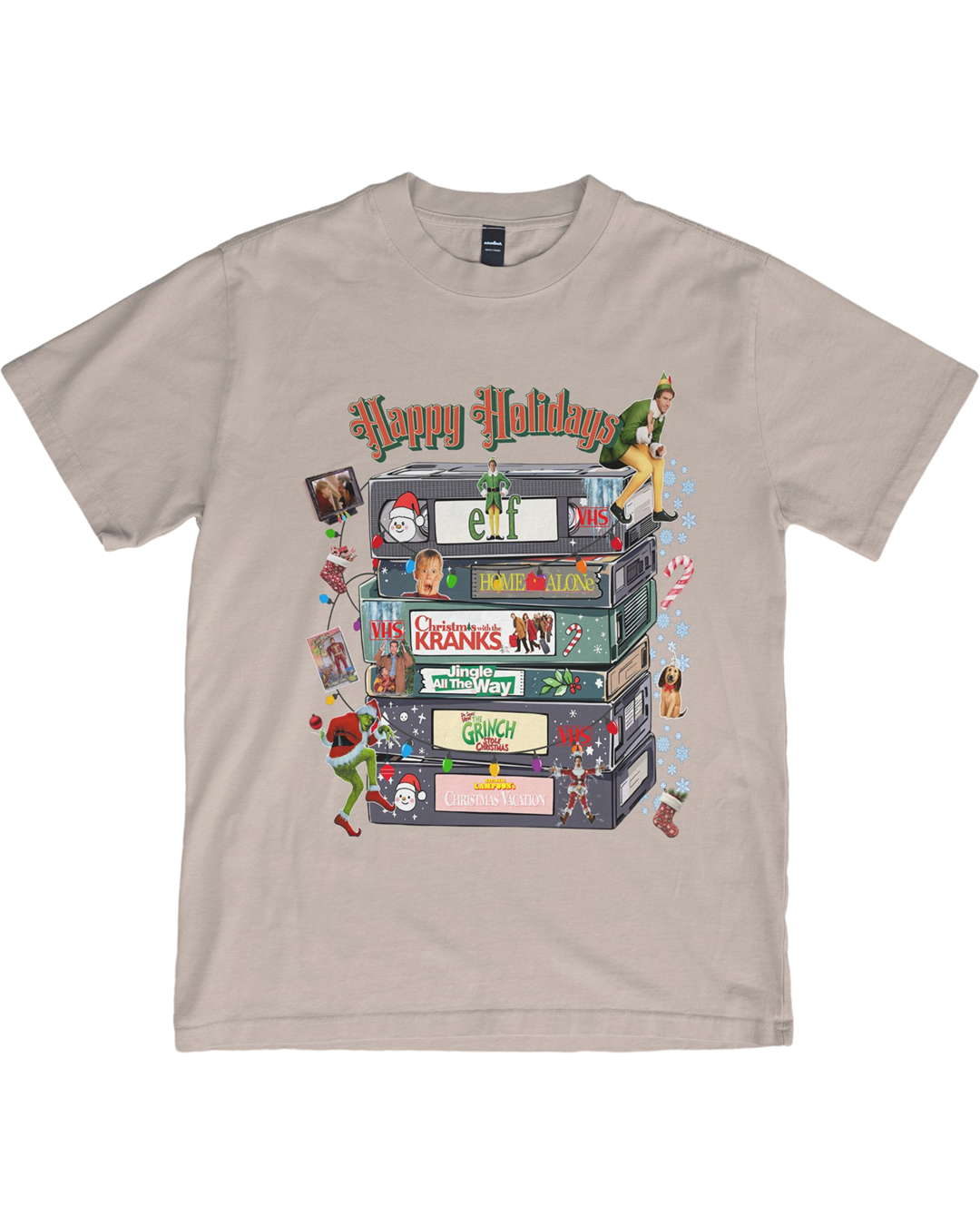 Retro Christmas Shirt | Happy Holidays VHS Tape Stack | Classic Movie Tee | Christmas Decor Shirt | Vintage Film Lover Gift