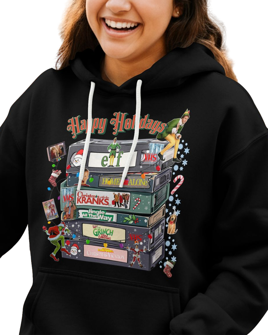 Retro Christmas Shirt | Happy Holidays VHS Tape Stack | Classic Movie Tee | Christmas Decor Shirt | Vintage Film Lover Gift