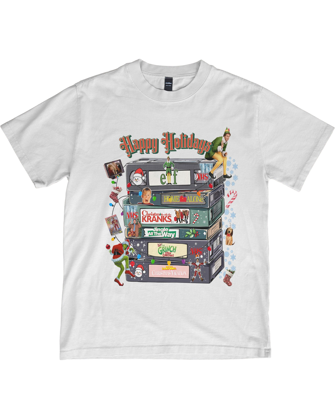 Retro Christmas Shirt | Happy Holidays VHS Tape Stack | Classic Movie Tee | Christmas Decor Shirt | Vintage Film Lover Gift